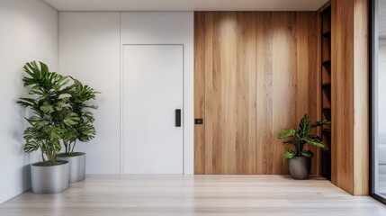 Luxury home minimalist and exclusive, A modern interior space featuring wooden accents, potted plants, and a minimalist design, creating a warm and inviting atmosphere.