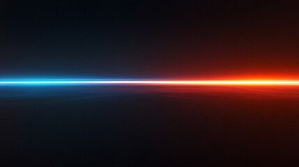 glowing horizontal line of blue and orange light at the horizon against a black background symbolizes the intersection of technology and nature in a futuristic, minimalistic sci-fi design with a blank