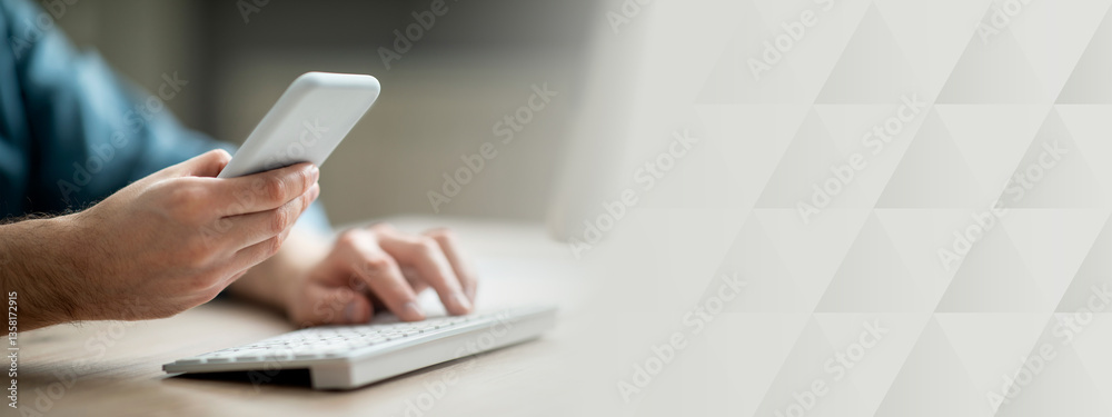Poster unrecognizable businessman working with smartphone and computer in office, man hands holding mobile 