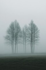 Fototapeta premium Foggy Field with Silhouetted Trees
