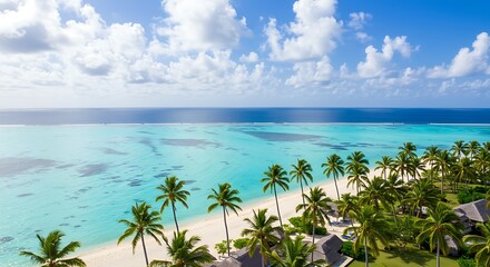 Fototapeta premium Tropical Beach with Palm Trees and Turquoise Water Under Blue Sky