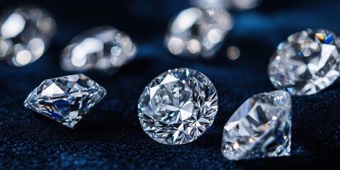 Sparkling Diamonds on Velvet: A collection of radiant diamonds sparkles on a bed of deep blue velvet, showcasing their brilliance and intricate facets in a glamorous display.