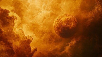Surface of Venus shrouded in thick swirling clouds with intense colors on a science themed canvas