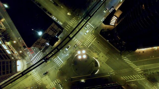 Top Down Aerial of City Streets at Night Downtown Seattle