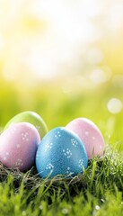 Fototapeta premium Colorful easter eggs, in a nest, nestled in grass on, a bright, sunny spring, nature background.