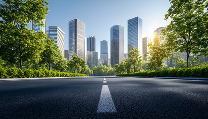 Image of a clean, empty road in front of a modern building in a city