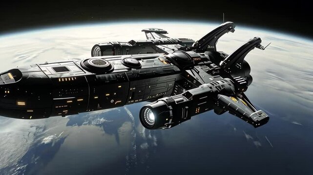 A sleek intergalactic spaceship orbits a distant planet, exploring the vastness of space while showcasing advanced engineering and design in this futuristic setting