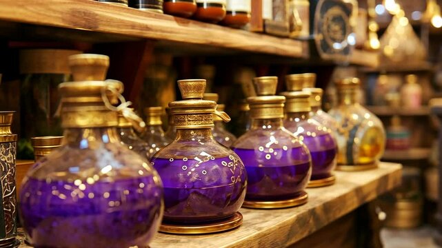 Colorful glass potion bottles displayed on wooden shelves in a magical shop