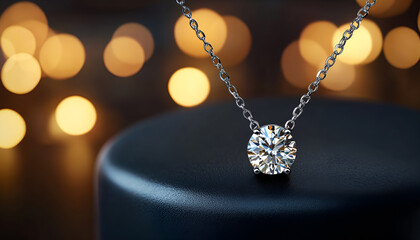 Elegant jewelry shop banner featuring diamond necklace on display. concept of luxury, modern elegance, sophisticated beauty, glamorous retail. copy