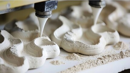 Machine 3D printing detailed beige designs. Production process. Close up view