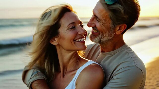 Joyful middle aged couple enjoying a sunset at the beach, embracing and sharing smiles while waves gently crash around them