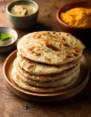 Deliciously warm roti served with traditional Indian condiments and spices on a rustic wooden table