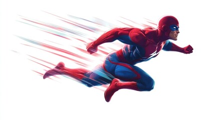 Obraz premium Superhero in red and blue suit running fast.