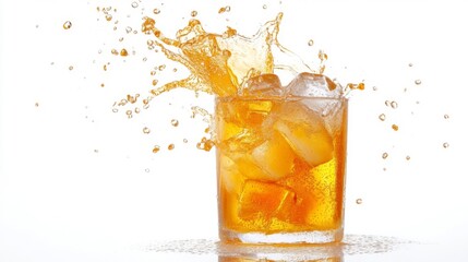 Amber Liquid Splashing in Glass with Ice Cubes