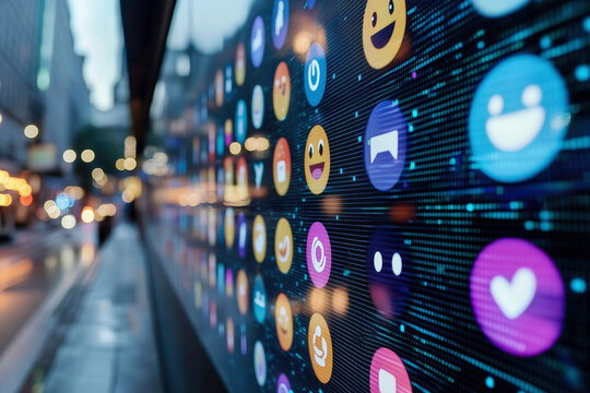 Digital Social Media Network: Icons and Emojis on a City Street Screen at Night