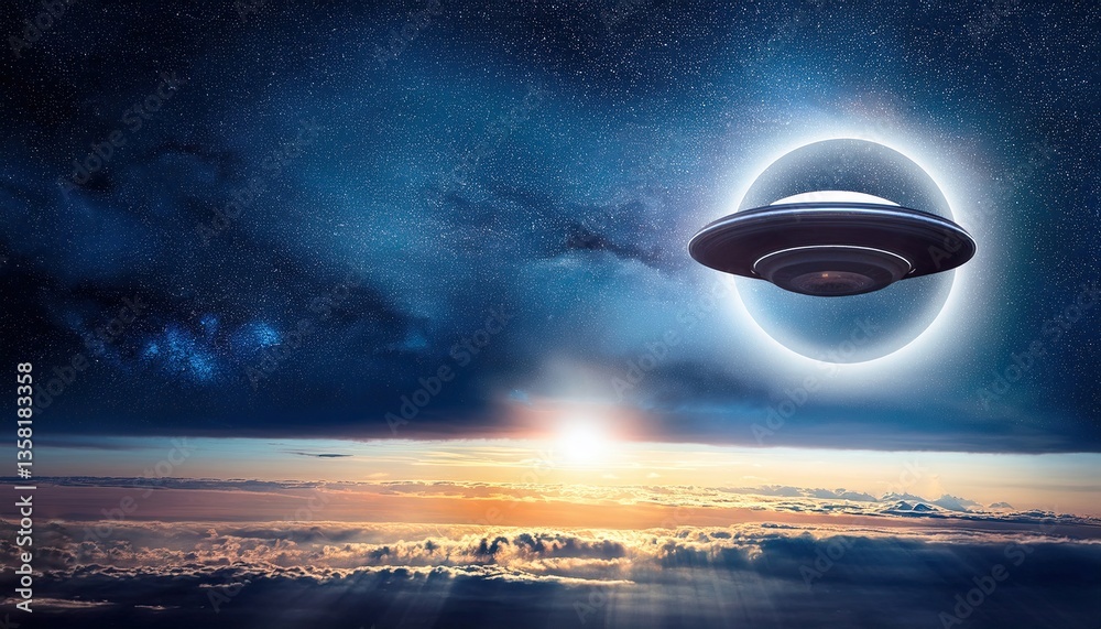 Poster Mysterious UFO Appears Above Stunning Eclipse as Day Turns to Night in a Celestial Display