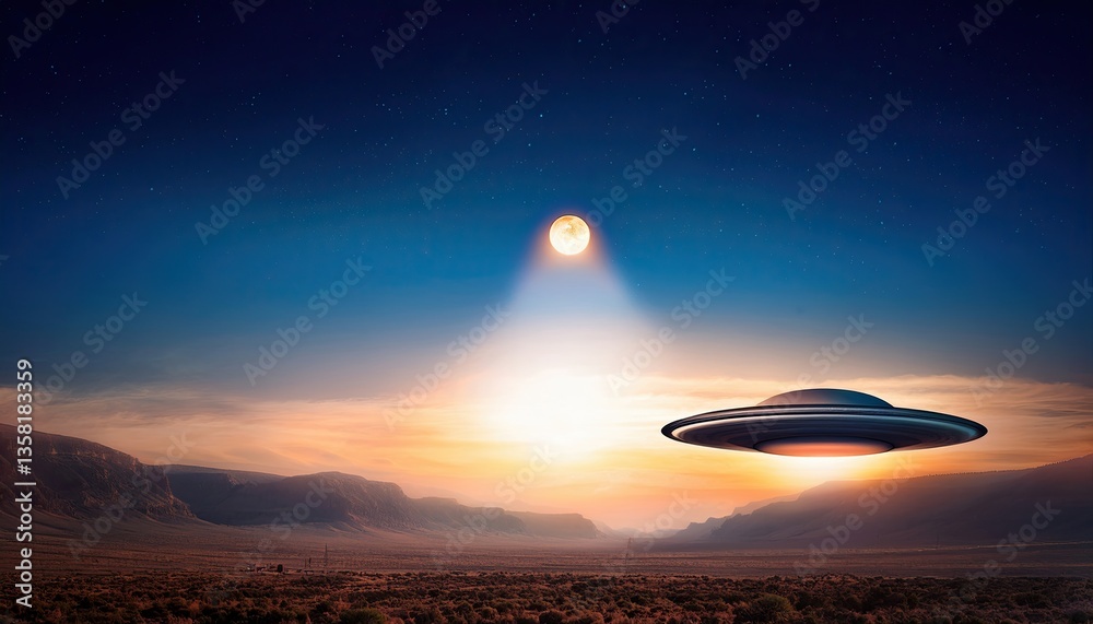Poster ufo glows brightly during an eclipse above a vast desert landscape at dusk