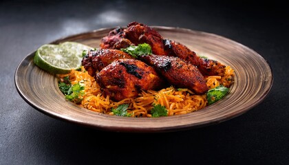 Fototapeta premium Enjoy tandoori chicken with fragrant rice and fresh herb garnishes