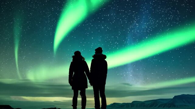 Silhouettes of dancers enjoying the beauty of the aurora borealis under a starry sky at night