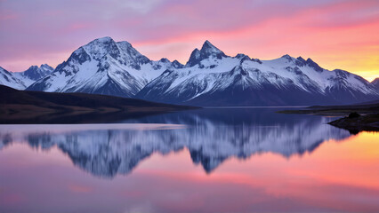 Stunning alpine landscape with snow-capped mountains and serene lake at sunset