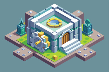 Fototapeta premium A detailed isometric illustration of a customizable vault surrounded by green landscaping and stone features, Vault Customizable Isometric Illustration