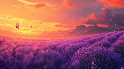 Obraz premium Lavender Field at Sunset with Butterflies and Colorful Sky