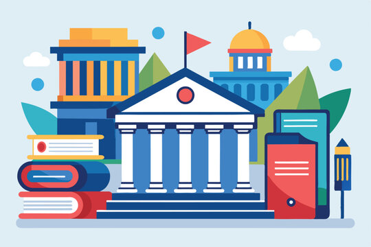 A colorful representation of a courthouse alongside legal books and a digital device, emphasizing justice and law, Vector graphics of courthouse with book folder