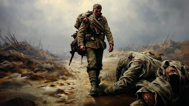 A soldier bravely carries his wounded comrade through a barren battlefield, showcasing courage and resilience during a time of conflict
