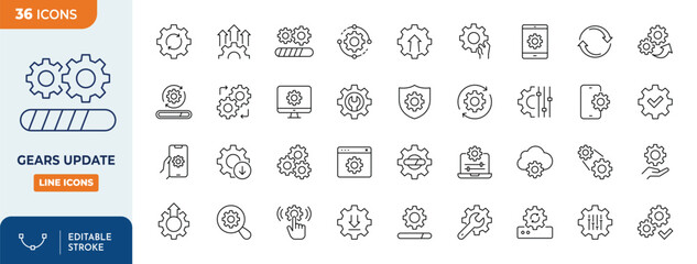 Gears Updates line editable icon set. Containing update, gears, control, tool, system. Editable stroke. Vector illustration 