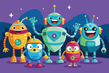 Obraz premium Five cheerful cartoon robots smile and wave in a colorful landscape with stars and mountains in the background, Vector illustration of a group of funny cartoon robots