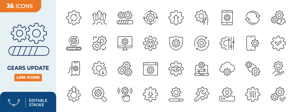 Gears Updates icon set. Containing update, gears, control, tool, system. Outline Icon Collection. Vector illustration. Editable stroke	