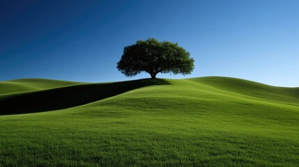 Solitary tree atop a grassy hill under a clear blue sky. Lush green landscape