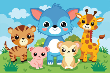 Naklejka premium A cheerful group of baby animals, including a tiger, bear, lion, and giraffe, enjoying a sunny day outdoors, Vector illustration of baby animals