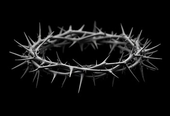 Monochrome image showcasing a crown of thorns against a stark black background in intricate detail