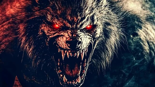 Intense werewolf creature with glowing eyes in a dark atmosphere evokes fear and fascination
