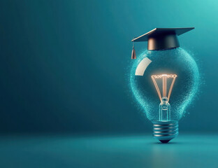 An innovative educational image showcasing a bachelor cap and a light bulb on a blue background. photo

