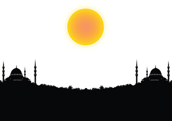 Silhouette of an Islamic city skyline with mosques and minarets against a glowing sun, representing spirituality, cultural heritage, and Ramadan. Perfect for religious designs, greeting cards. EPS 10