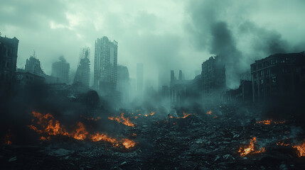 Obraz premium post-apocalyptic cityscape with destroyed buildings, burning rubble, and a polluted environment, symbolizing chaos, devastation, and the collapse of civilization amidst a bright light of hope