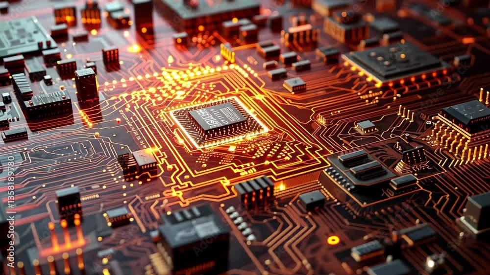 Poster a close-up view of vibrant technological circuits pulsating with energy, showcasing intricate detail