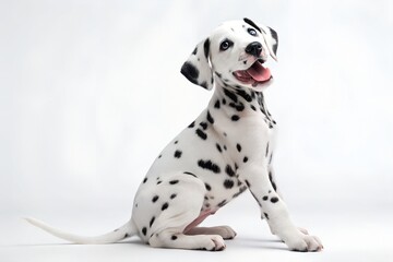Dalmatian puppy sitting looking at the camera isolated on transparent background png,Dalmatian dog puppy isolated on white background,A high-resolution image of an adorable Dalmatian puppy sitting .