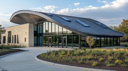 Modern Building with Curved Roof and Solar Panels