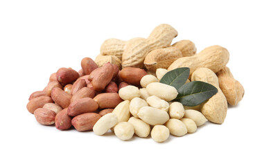 Pile of different peanuts and leaves isolated on white
