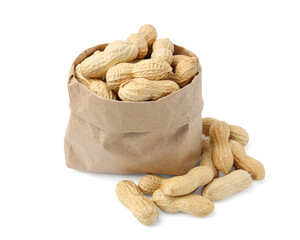 Unpeeled peanuts and paper bag isolated on white