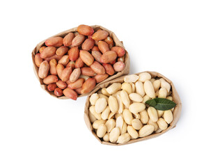 Fresh peanuts in paper bags isolated on white, top view