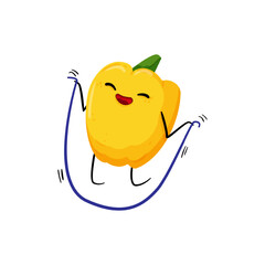 Vector illustration of a yellow pepper character jumping rope.