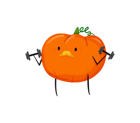 Vector illustration of a pumpkin character lifting dumbbells.