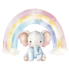 Cute Watercolor Baby Elephant with Rainbow and Flowers