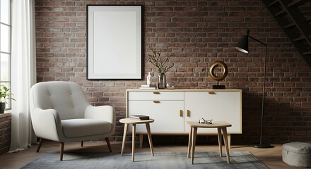 Stylish Scandinavian living room composition with a designer armchair, black mock-up poster frame, wooden stool, commode, books, and decorative accessories against a loft-style wall. Modern home decor