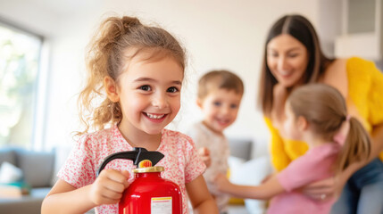 Family fire safety emergency drill with children practicing safety measures at home