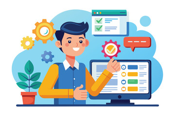 A young person interacts with version control tools on a computer while organizing tasks and projects, Version control Customizable Cartoon Illustration